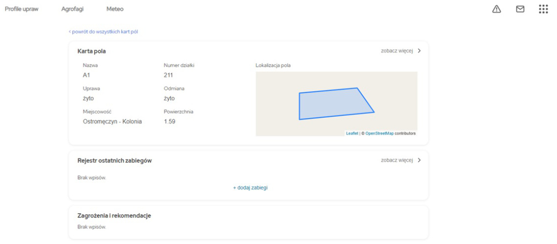W karcie pola znajdą się szczegółowe informacje o wielkości danej uprawy Grafika przedstawia okno ze szczegółowymi informacji o uprawie, które można znaleźć w zakładce "karty pól" w Wirtualnym gospodarstwie