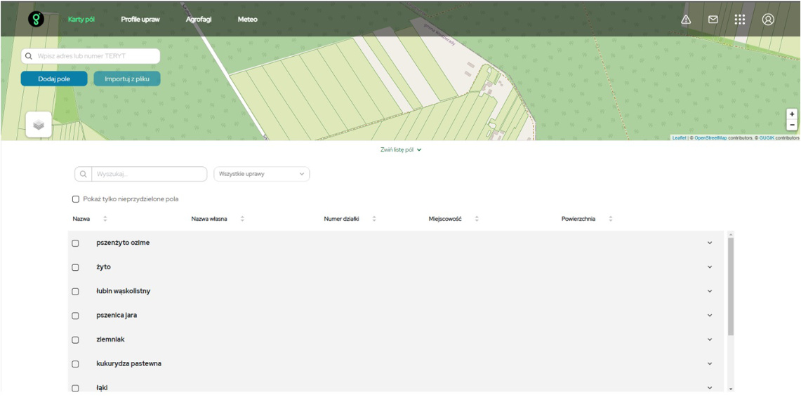 W karcie pola zapisane będą między innymi poszczególne uprawy Na zdjęciu widoczne jest okno, które otwiera się po kliknięciu w zakładkę "karty pól" w Wirtualnym gospodarstwie