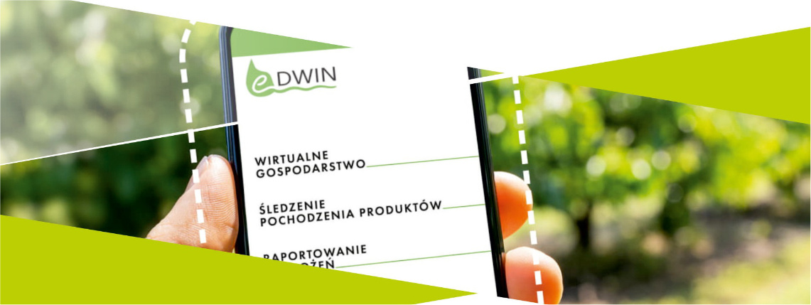 Wielkopolski Ośrodek Doradztwa Rolniczego w Poznaniu zaprasza na konferencję online podsumowującą projekt eDWIN Grafika ukazująca fragment plakatu promującego konferencję online. Widać na niej dłoń trzymającą telefon. Na ekranie widoczne jest logo WODR oraz wymienione są trzy elektroniczne usługi w ramach eDWIN.