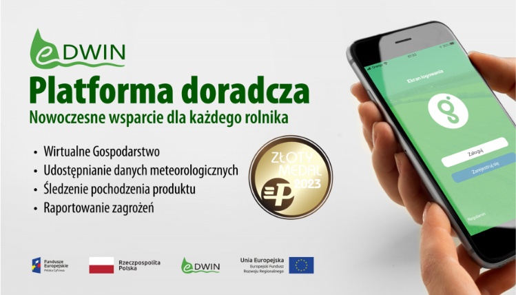 Przyznanie wyróżnień będzie miało miejsce 13 stycznia 2023 roku podczas oficjalnego otwarcia targów Polagra Premiery. Grafika ilustracyjna. Na grafice widoczna jest dłoń trzymająca telefon. Obok jest logo eDWIN oraz informacje o platformie doradczej eDWIN.