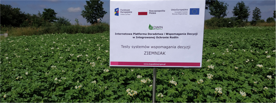 Platforma eDWIN, jako system wspomagania decyzji, testowana była między innymi na polach ziemniaka Słoneczny dzień. Na polu, wśród uprawy ziemniaka, stoi biała tabliczka informująca o teście systemów wspomagania decyzji. Na górze tabliczki są cztery logotypy.