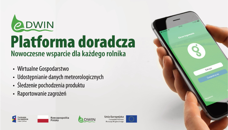 Platforma doradcza eDWIN jest już całkowicie dostępna! Na jasnoszarym tle widoczny jest obrazek telefonu oraz informacje o aplikacji doradczej eDWIN. Na dole są logotypy UE, flaga Polski, logo Polski Cyfrowej oraz logo eDWIN